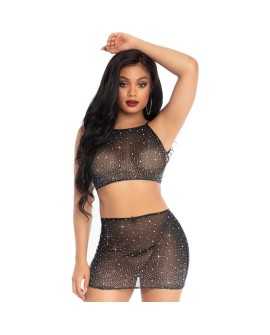 TOP Y MINI FALDA TRANSPARENTE CON STRASS - NEGRO