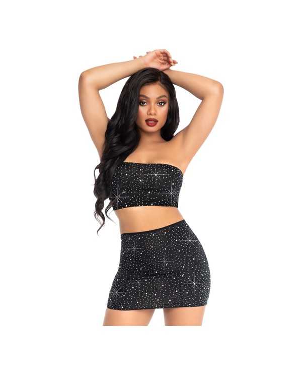 TOP Y FALDA OPACO DE LYCRA CON STRASS NEGRO