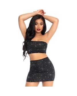 TOP Y FALDA OPACO DE LYCRA CON STRASS - NEGRO