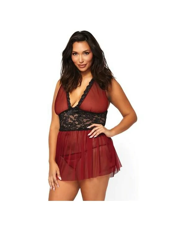 LEG AVENUE CONJUNTO PICARDiAS BURDEOS BABYDOLL CON TANGA