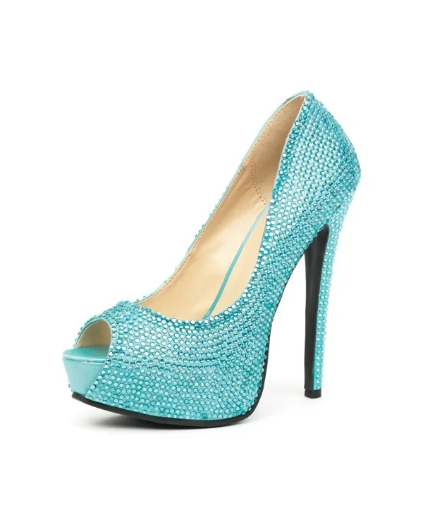 LEG AVENUE GLAMOUR PEEP TOE PUMP TURQUESA SATINADO CON STRASS