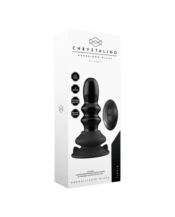 RIBBLY GLASS VIBRATOR WITH SUCTION CUP AND REMOTE RECHARGEABLE 10 VELOCIDADES NEGRO