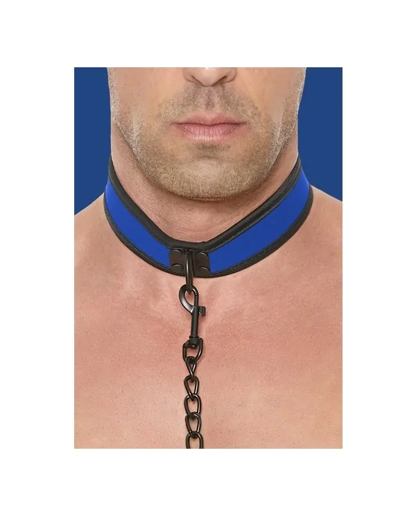 OUCH PUPPY PLAY NEOPRENE COLLAR WITH LEASH AZUL