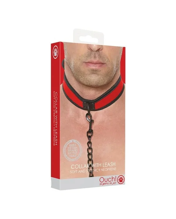 OUCH PUPPY PLAY COLLAR DE NEOPRENO CON CADENA ROJO