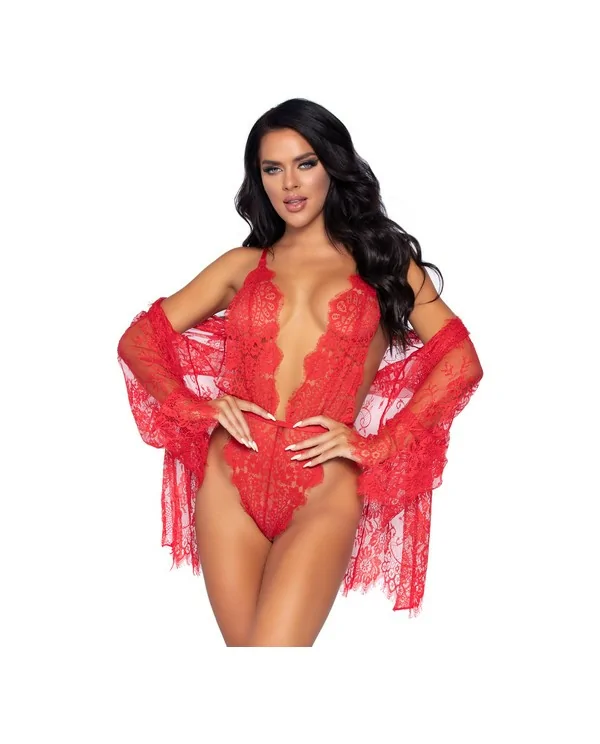 LEG AVENUE FLORAL LACE TEDDY ROBE NEGRO