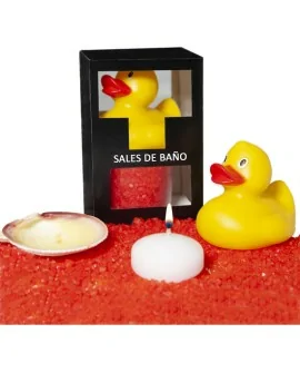 SET DE SALES DE BAÑO FRUTOS ROJOS 150 GR. CON PATO BAÑERA, VELA AROMATICA Y CONCHA