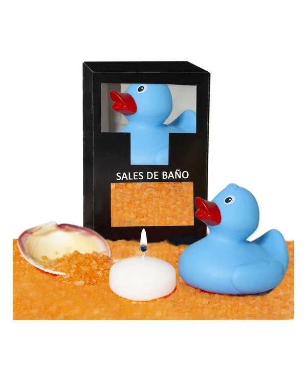 SET DE SALES DE BANO MANGO 150 GR CON PATO BANERA VELA AROMATICA Y CONCHA