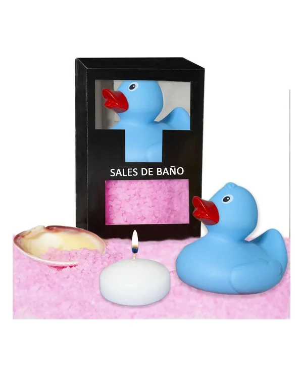 SET DE SALES DE BANO ROSAS 150 GR CON PATO BANERA VELA AROMATICA Y CONCHA