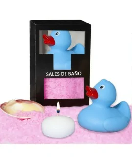 SET DE SALES DE BAÑO ROSAS 150 GR. CON PATO BAÑERA, VELA AROMATICA Y CONCHA