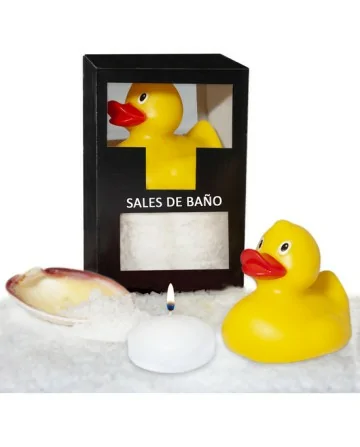 SET DE SALES DE BANO COCO 150 GR CON PATO BANERA VELA AROMATICA Y CONCHA