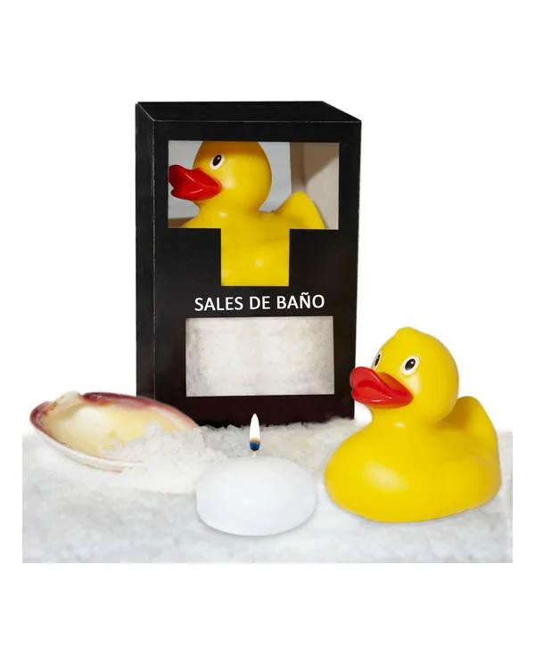 SET DE SALES DE BANO COCO 150 GR CON PATO BANERA VELA AROMATICA Y CONCHA