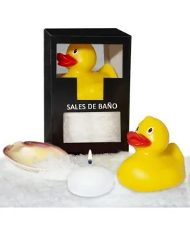 SET DE SALES DE BAÑO COCO 150 GR. CON PATO BAÑERA, VELA AROMATICA Y CONCHA