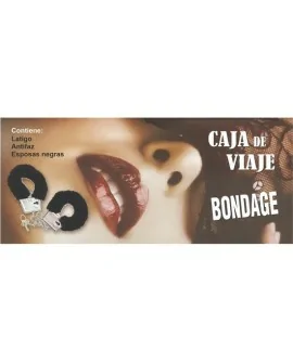 CAJA DE VIAJE DE BONDAGE ESPOSAS NEGRAS + LATIGO + ANTIFAZ