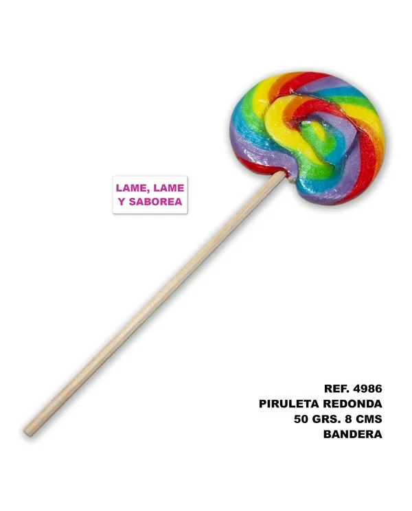 PIRULETA REDONDA 50 GR Y 8 CMCON LA BANDERA LGBT LAME LAME Y SABOREA