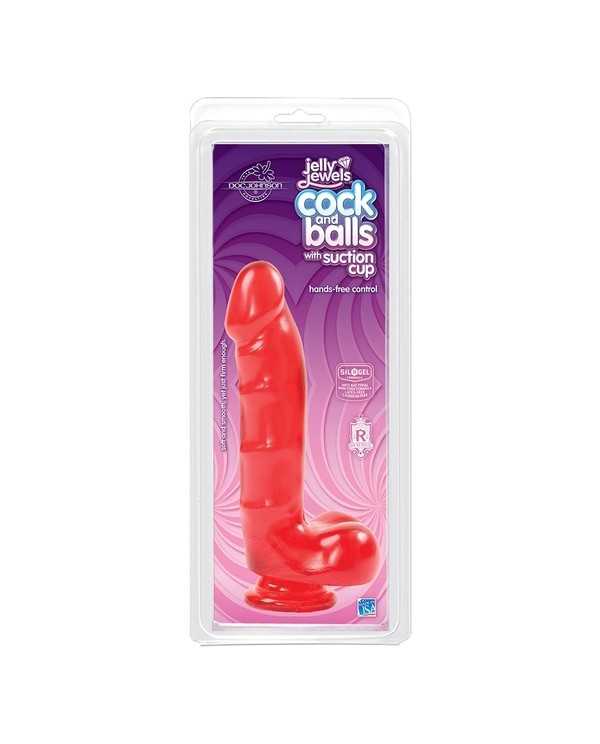 JELLY JEWELS PENE CON TESTICULOS Y BASE DE SUCCIoN ROJO RUBi